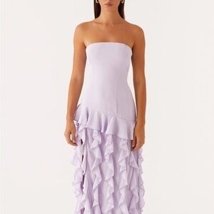 Peppermayo Purple Asymmetrical Ruffled Strapless Dress